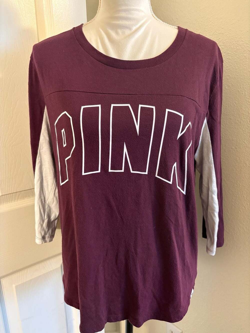 Victoria's Secret PINK Burgundy Maroon Quarter Sleeve Campus Top Shirt Large L